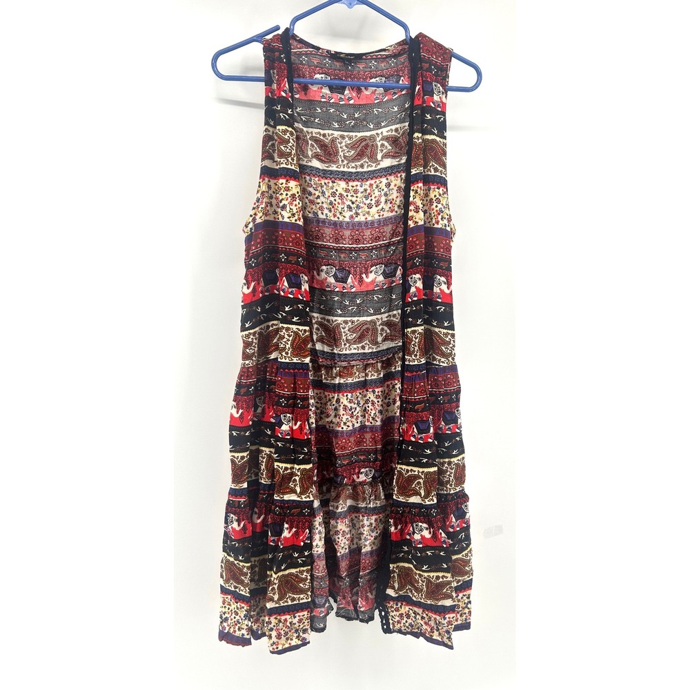 Monteau Womens Boho Elephant Paisley Print Open Front Tiered Vest Red Navy L
